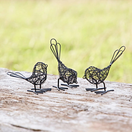 Three small recycled wire birds
